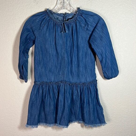 Gap Blue Denim Ruffled Bow Tie Drawstring Fringe Hem Pleated‎ Dress Girls Small - Picture 1 of 6